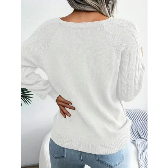 White Wide Neck Knit Pullover Sweater with Button Detail - Picture 6 of 16